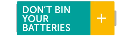 Battery design with 'Don't bin your batteries' written on it