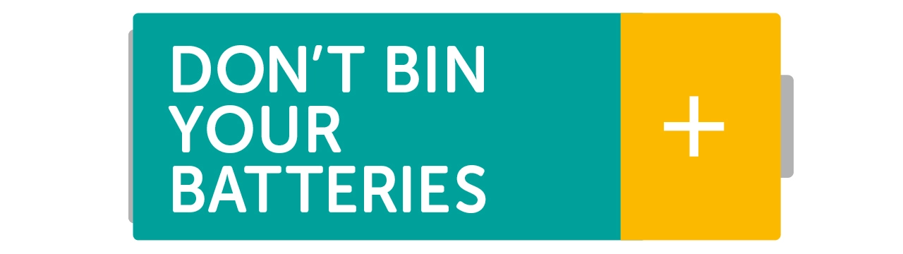 An illustration of a battery with the words 'don't bin your batteries' written on the side.