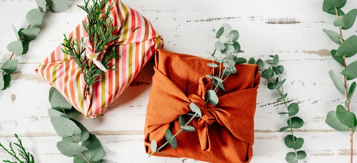 Gifts wrapped in fabric