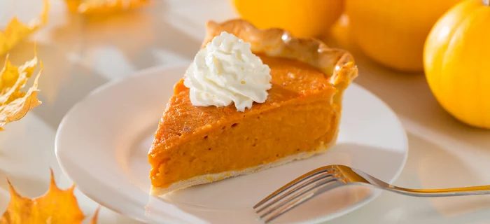 A slice of pumpkin pie on a plate