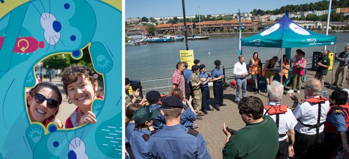 A collage: Photo 1 contains two smiling people poke their heads out of an In The Loop selfie board. The board has illustrations of playful otters carrying recycling on Photo 2: a group of launch event attendees cheer as the project officially launches