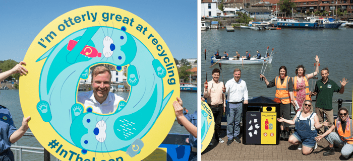 A collage of two photos: First photo shows Kye Dudd, Cabinet Member for Climate, Ecology, Waste and Energy pokes his heads out of an In The Loop selfie board. The board says "I'm otterly great at recycling" Second photo shows a group of launch day event attendees posing happily by a new bin