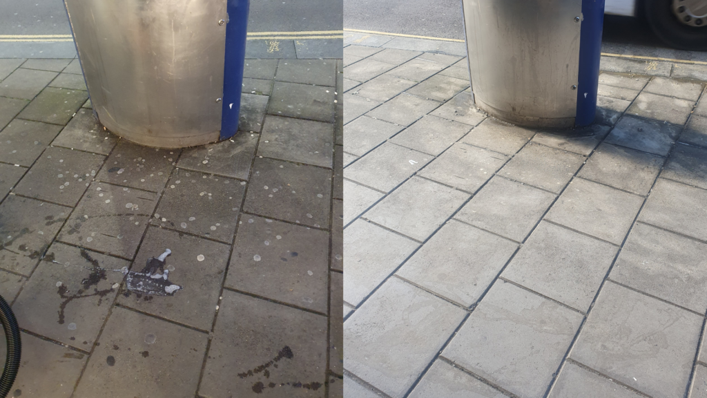 A side by side image of a pavement. On the left the pavement has lots of chewing gum stains, and on the right the stains have been removed.