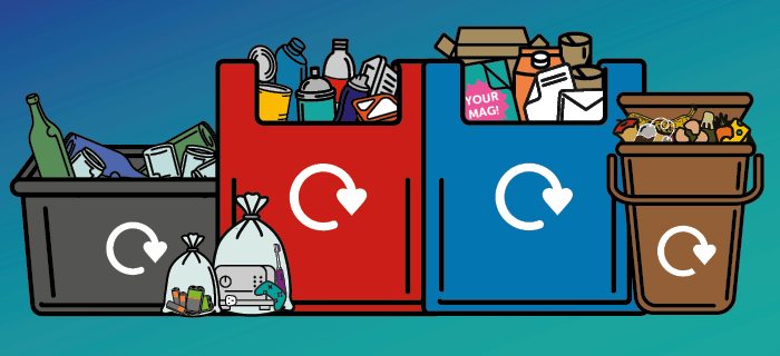 Illustrations of Bristol's 4 recycling containers, all full of recycling