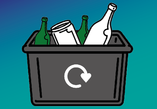 a black recycling box with glass bottles and jars inside