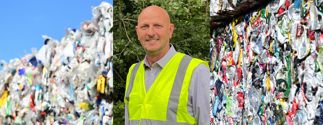 A photo of director Rob Heath in a hi-vis vest on top of a photo of some baled aluminium recycling