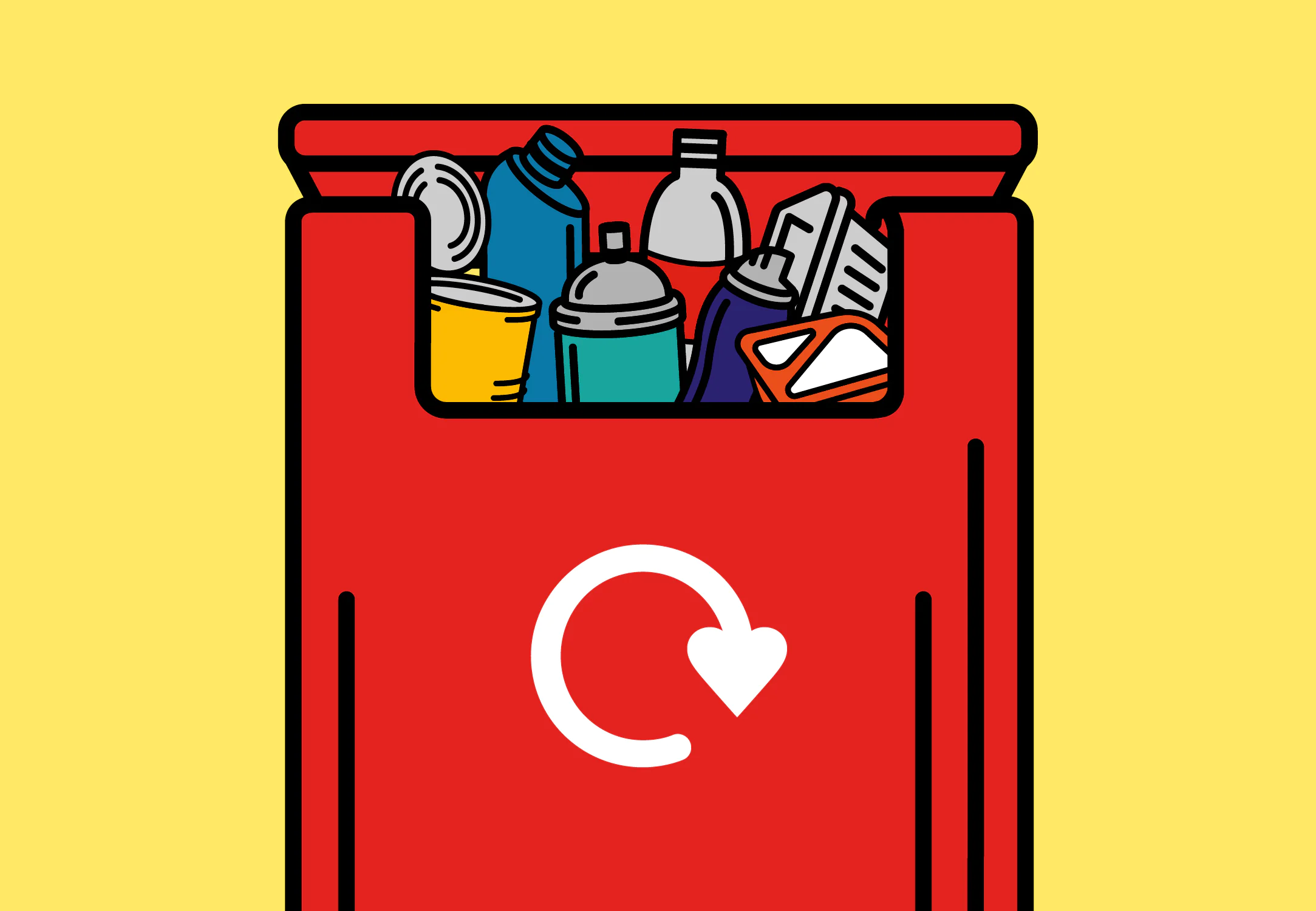 a red recycling bag with plastic and metal items inside