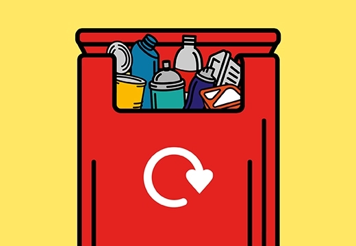 a red recycling bag with plastic and metal items inside