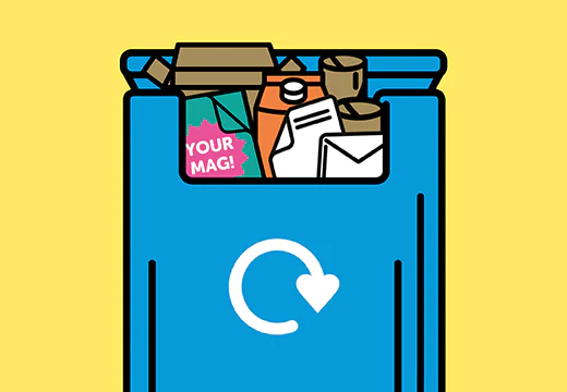 a blue recycling bag with paper, card and cartons inside