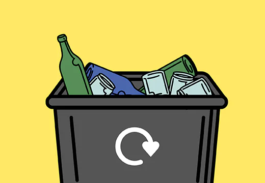a black recycling box with glass bottles and jars inside