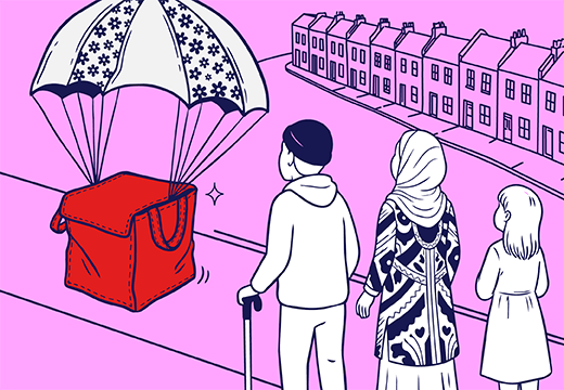 An illustration of 3 people looking at a recycling container