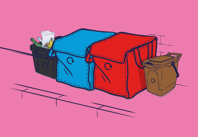The new recycling containers: black box, blue bag, red bag and brown food waste bin