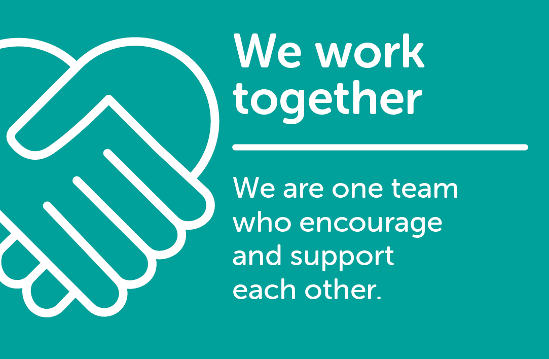 Our 'we work together' value icon showing hands shaking in the shape of a heart.
