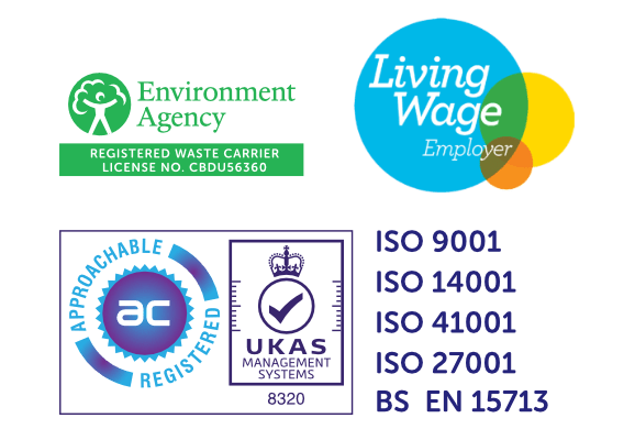 Living wage employer logo, environment agency certification and ISO numbers