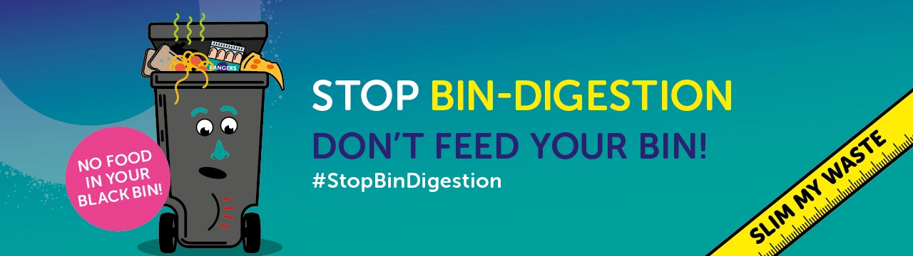 The words 'help stop bin-digestion' and a picture of a bin.