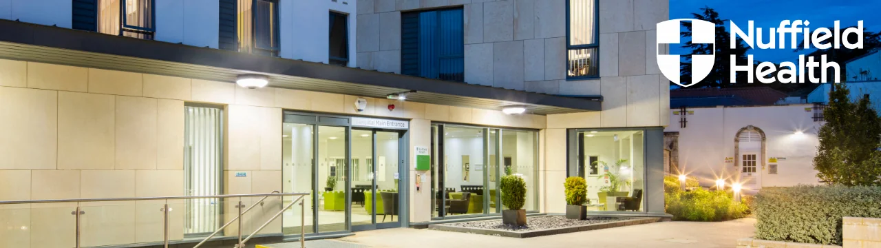 Outside of hospital with Nuffield Health Logo