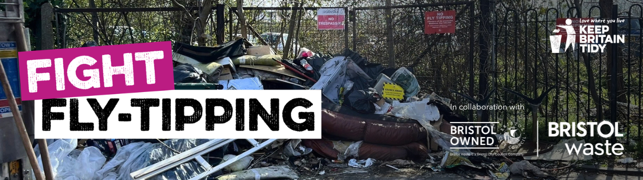 Pile of fly-tipped rubbish on a country road. Text: ‘Fight Fly-tipping