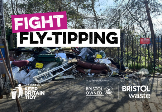 Pile of fly-tipped rubbish on a country road. Text: ‘Fight Fly-tipping
