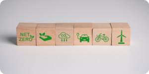 Wooden blocks with scope 1, scope 2 and scope 3 emissions symbols