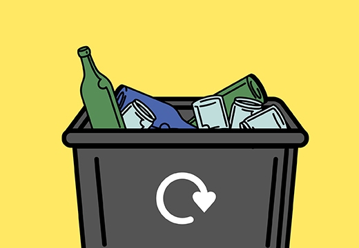 a black recycling box with glass bottles and jars inside