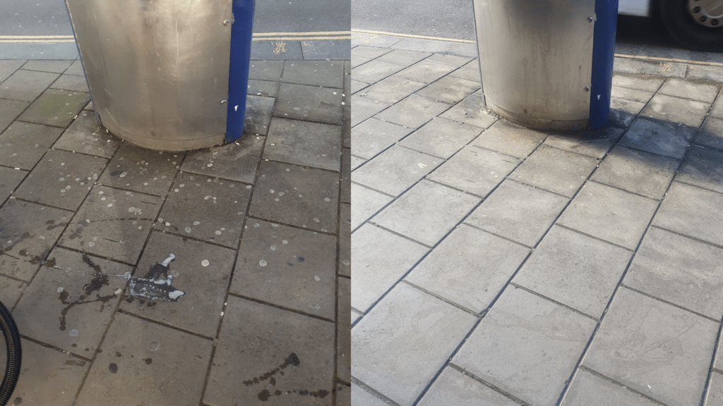 A side by side image of a pavement. On the left the pavement has lots of chewing gum stains, and on the right the stains have been removed.