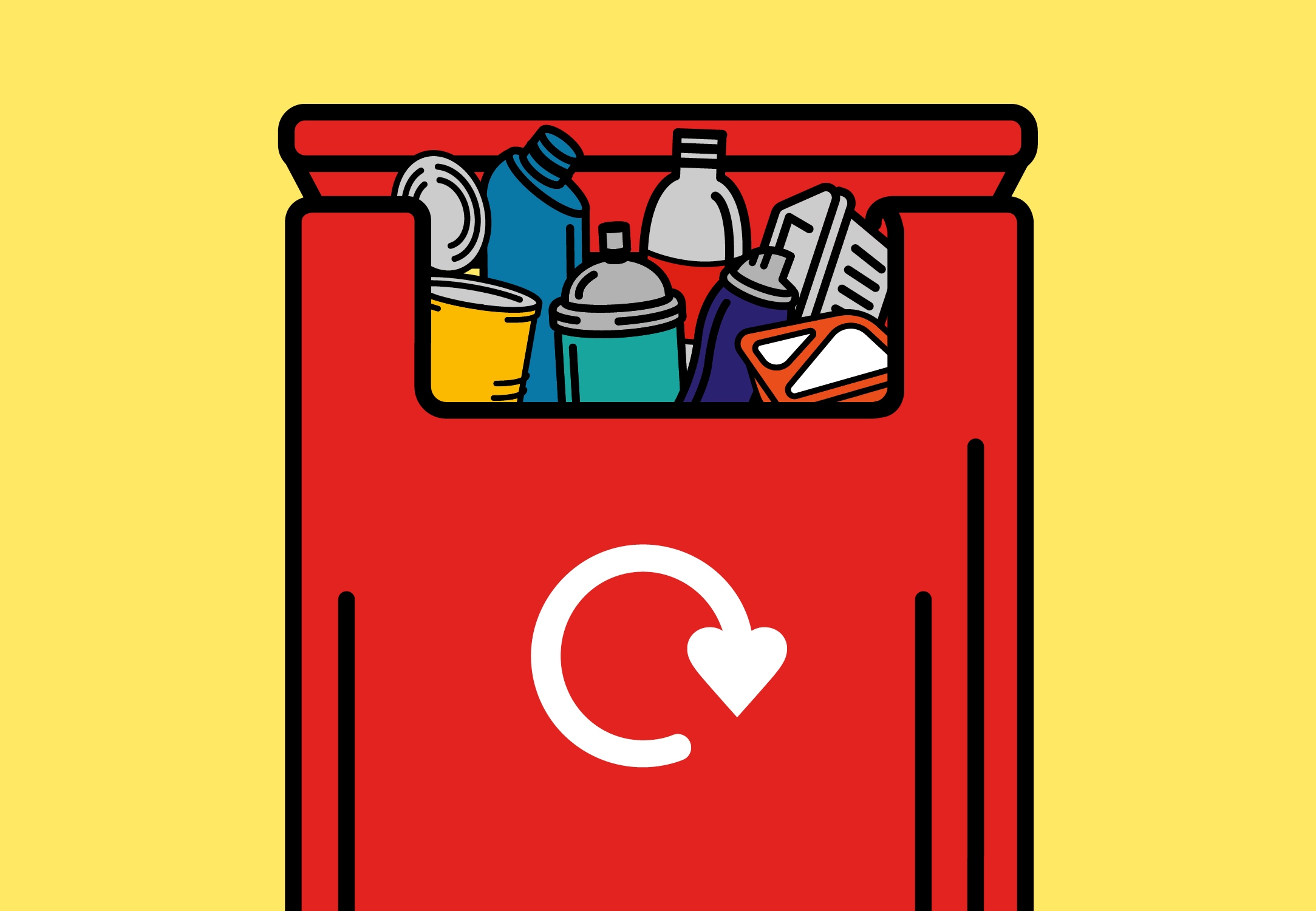 a red recycling bag with plastic and metal items inside