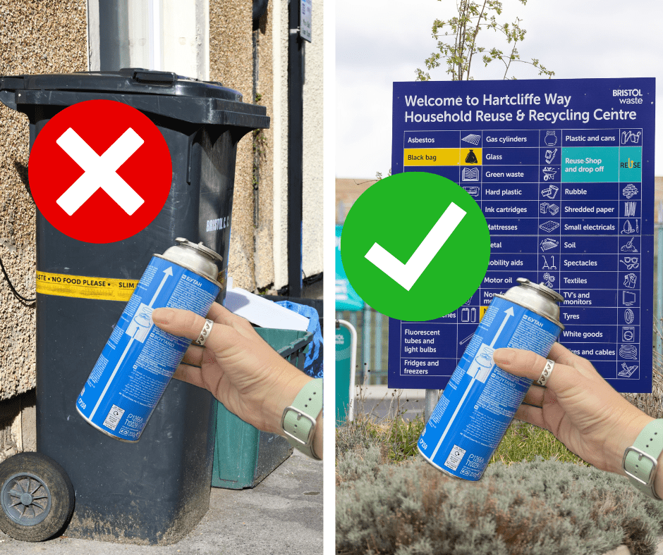 A split image. On the left is a gas canister being held in front of household bins and recycling containers with a red NO sign. On the right, the same gas canister is held in front of the recycling centre sign. The right side has a big green tick.