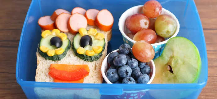 A lunchbox full of zero waste snacks: blueberries, grapes and half an apple
