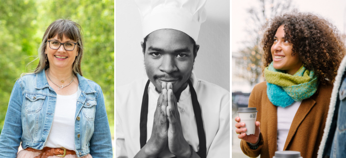 A grid of 3 images showing sustainable stylist Becky Barnes, chef and author Shane Jordan, and a woman in Bristol using a refillable cup from City To Sea.