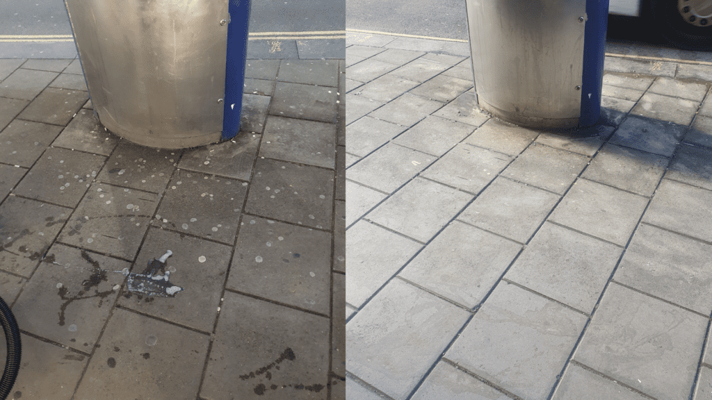 A side by side image of a pavement. On the left the pavement has lots of chewing gum stains, and on the right the stains have been removed.
