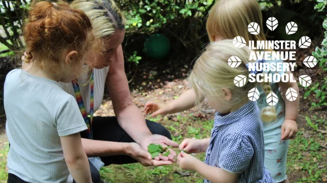 Woman with children and Ilminster Avenue Nursery School Logo