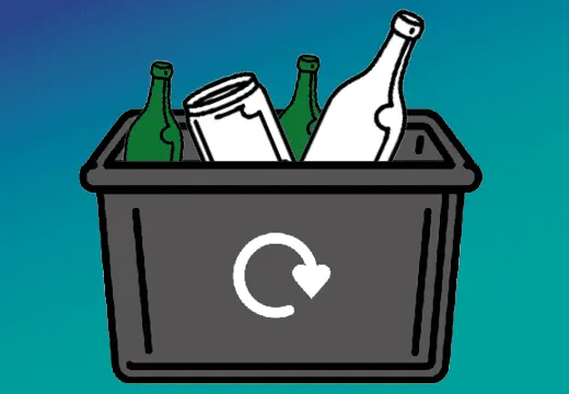 a black recycling box with glass bottles and jars inside