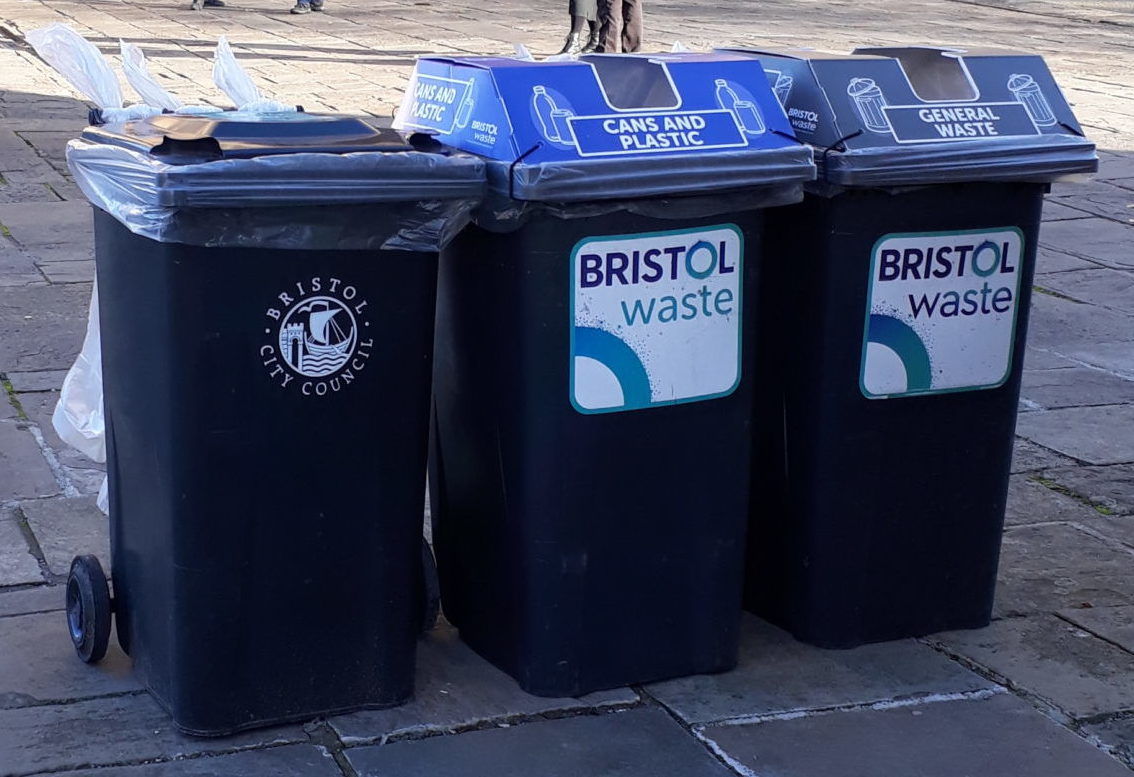 Three Bristol Waste bins in Bristol City Centre