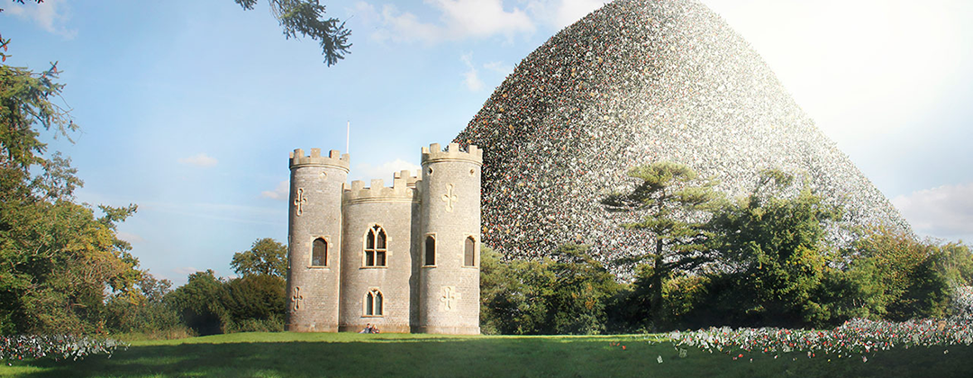 A computer-generated image of a huge mountain of litter towering over Blaise Castle.