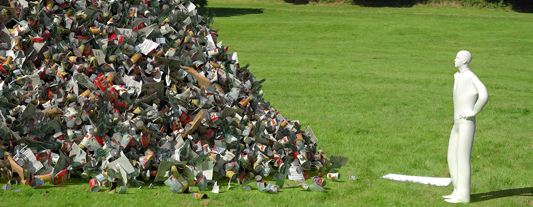A computer generated image of a person standign in front of a huge pile of litter