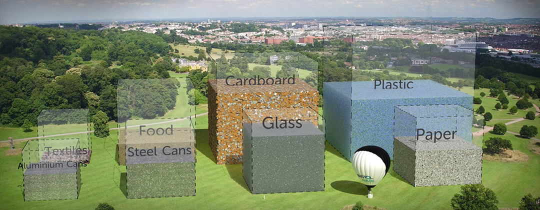A computer generated image of containers of recyclable items.