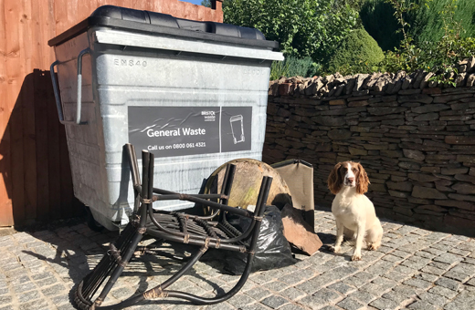A Bristol Waste 1100L bin next to a pile of bulky waste and a dog