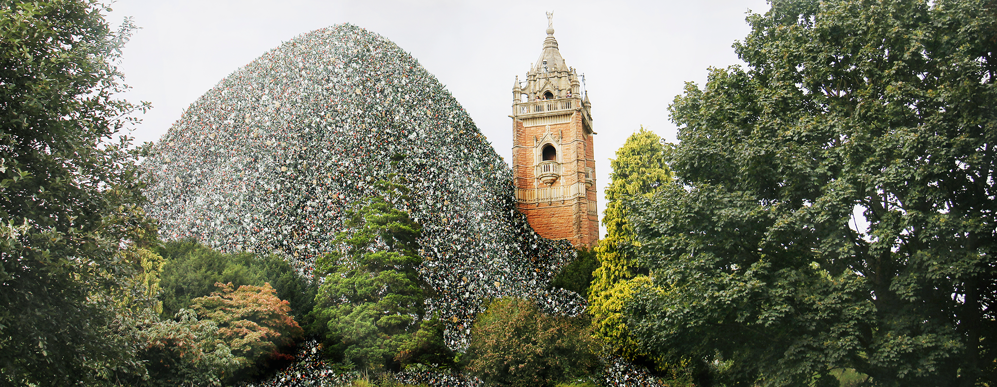 A computer generated image of a pile of litter next to Cabot Tower in Bristol