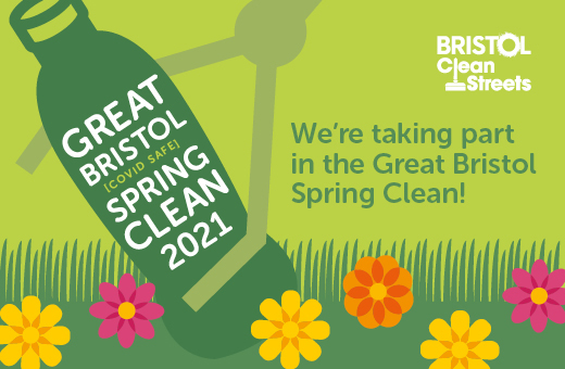 graphic advertising our Spring Clean event, showing a litter picker and plastic bottle with grass and flowers with the words "Great Bristol (socially distanced) Spring Clean 2021"
