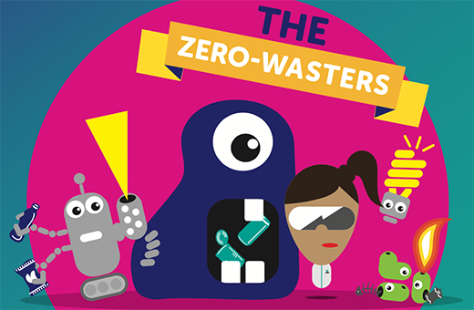 An illustration of a robot, a monster and a scientist below the words 'the Zero Wasters'