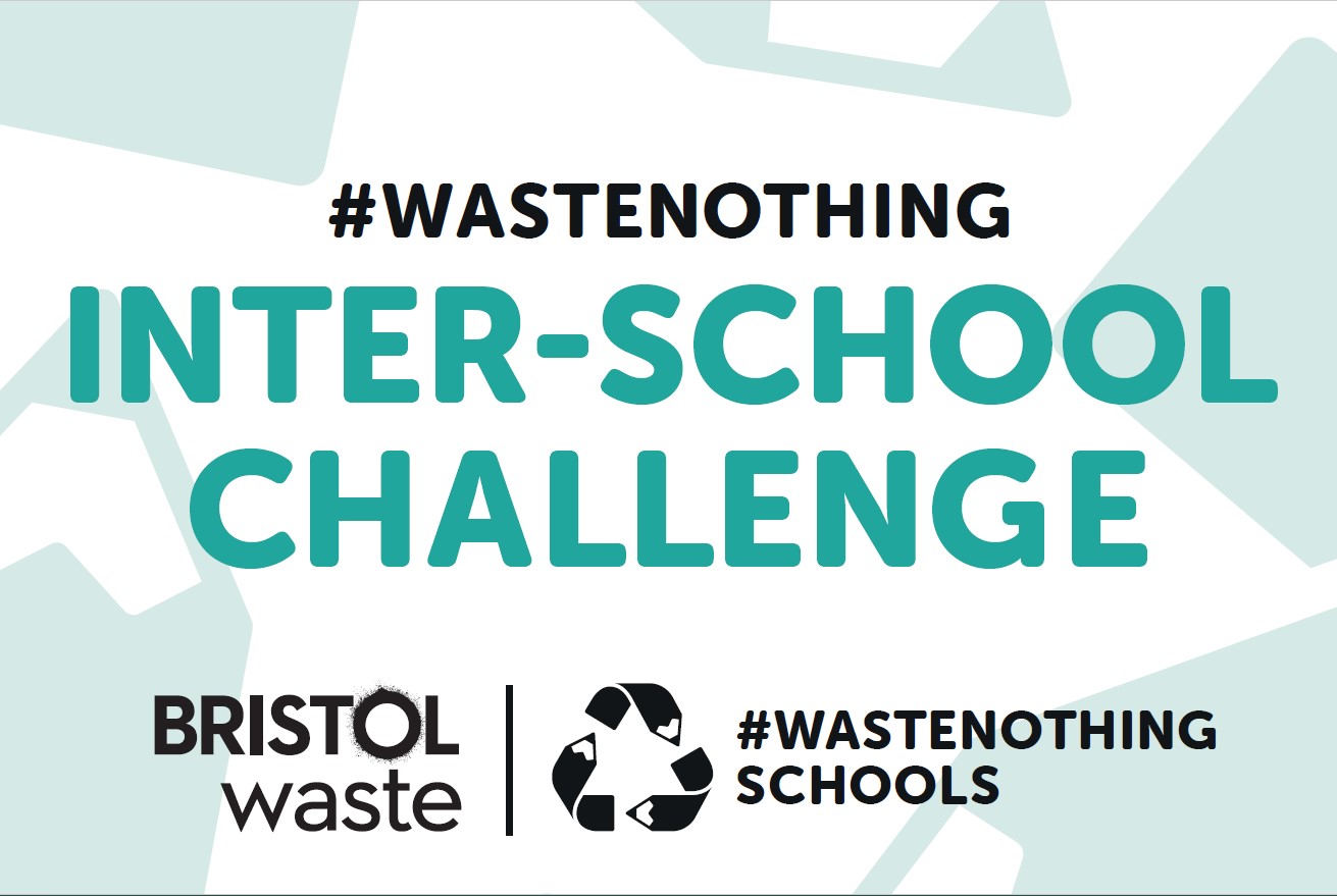 Graphic with words on "#WasteNothing Inter-school challenge Bristol Waste