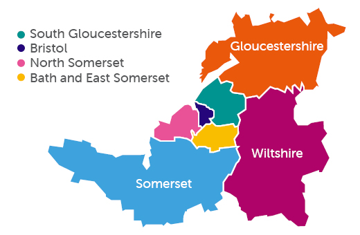 A map showing South Gloucestershire, Bristol, North Somerset, Bath and East Somerset, Somerset, Wiltshire and Gloucestershire
