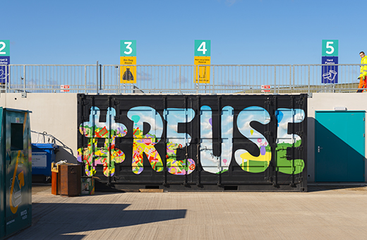 shipping container at our Reuse and Recycling centre in Avonmouth where we recycle waste electricals with the word "Reuse" on the side