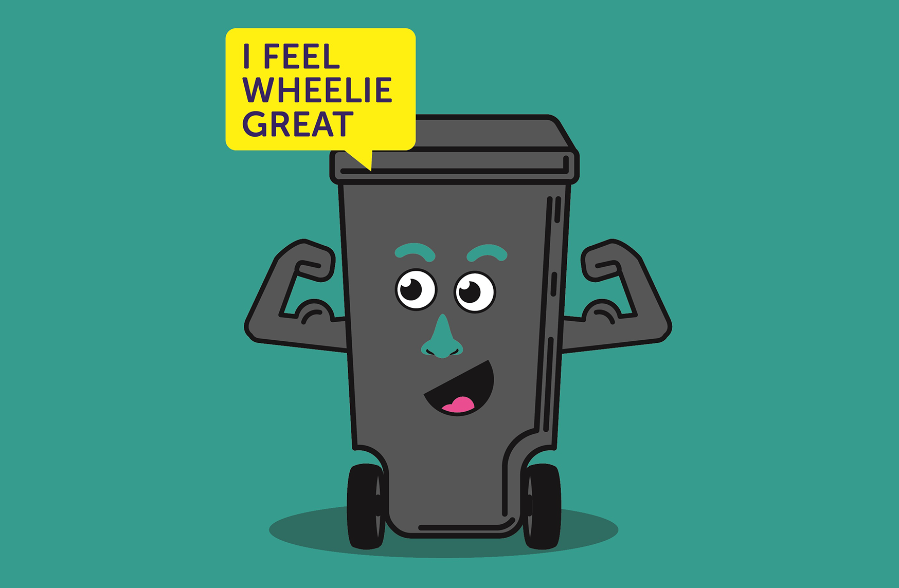 A graphic of a bin with a smiling face and strong arms