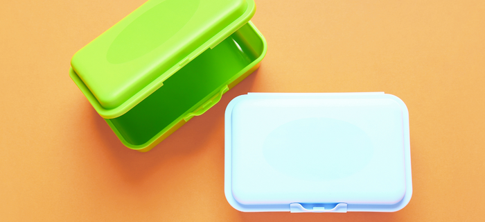 Two reusable plastic lunchboxes seen from above