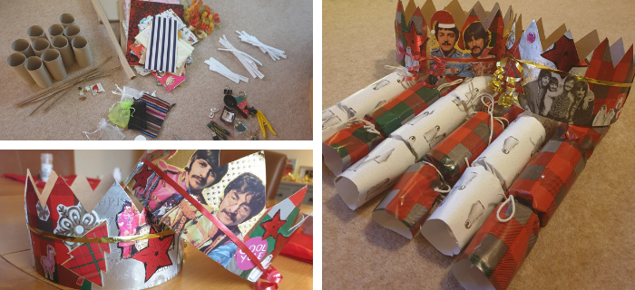Christmas crackers and paper crowns made from old Christmas cards