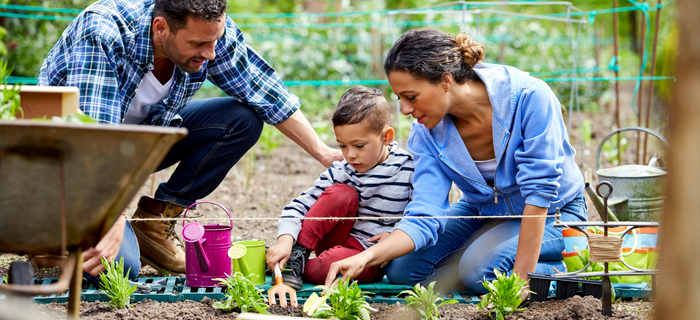 Two parents and a child gardening together