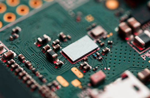 Circuit board showing a computer chip
