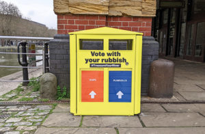 Yellow ballot bin with the question daps or plimsolls