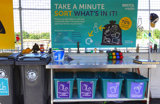 A sorting station at the recycling centre. There is a table and boxes for people to check their bags of general waste for recyclables.